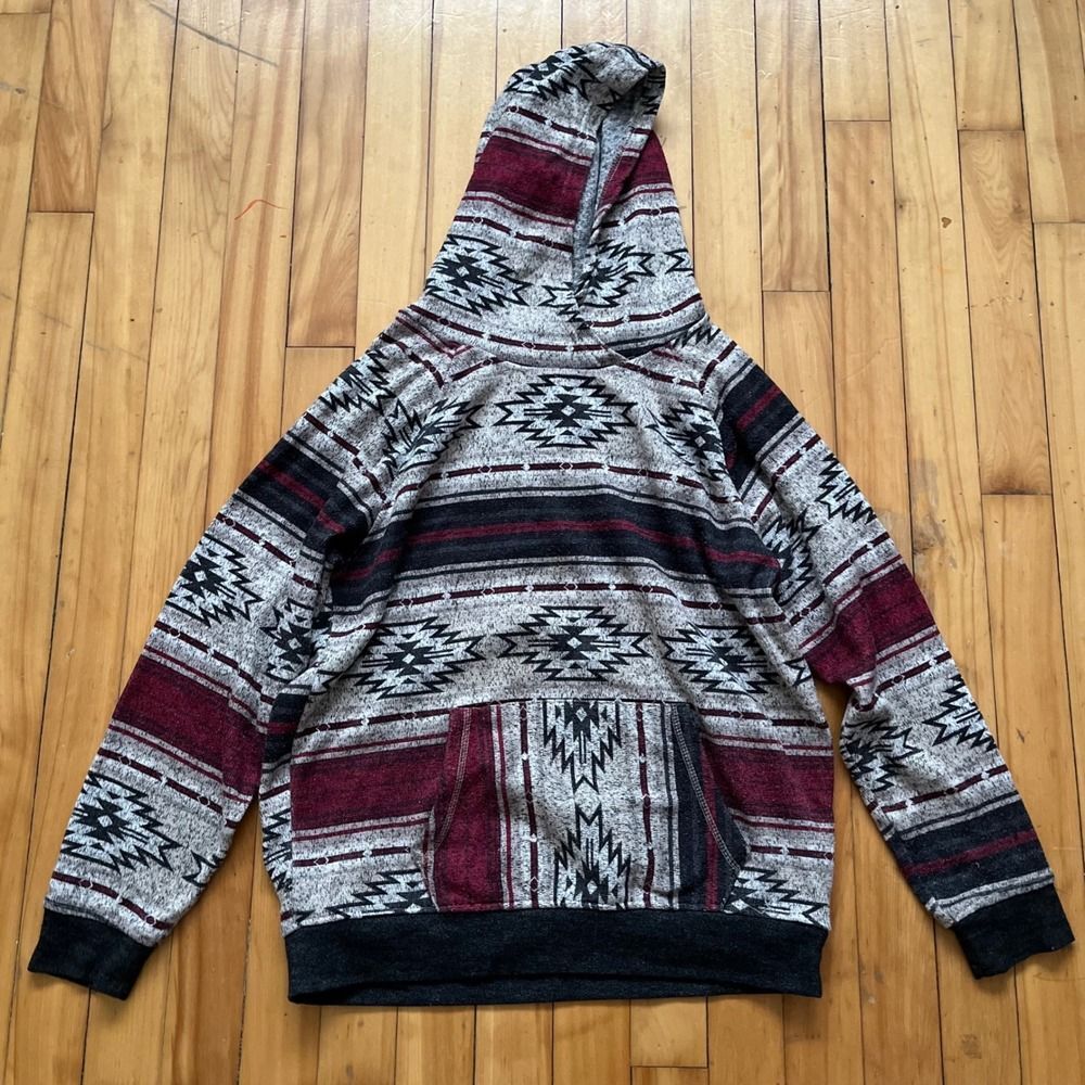 Brooklyn Cloth Co Mens XL Aztec Hoodie Fleece Lined Gray Red Black Pullover